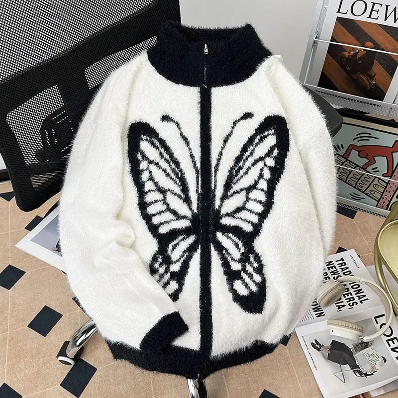 

Color Blo Collar Men's Knitted Sweater Jaet Splicing Loose Fit Winter Faionable Open Cardigan Korean Sle