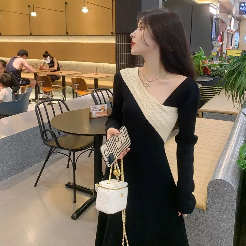 

Макси-платья с высокой талией и рюшами для женщин, осень-зима, вязаное тонкое длинное платье, женское винтажное платье, элегантное ретро-платье TS873