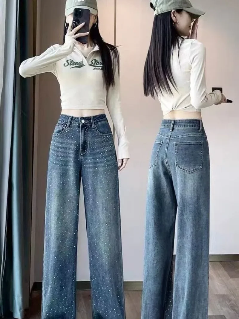 

Blue Trousers with Rhinestones Straight Leg High Waist Shot Womens Jeans Trend 2025 Pants for Women Clothes Basics Vintage