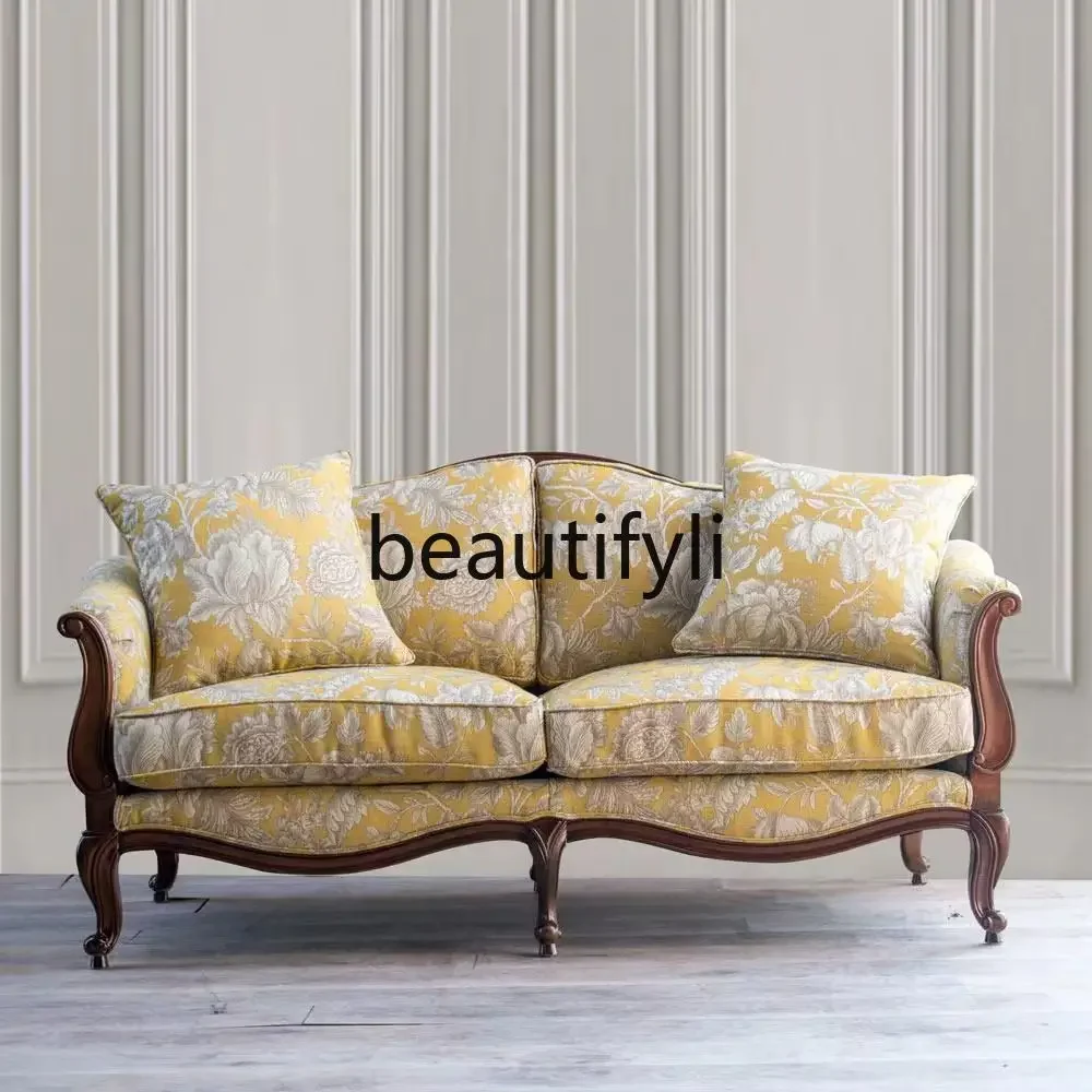 

A38 American style, grid solid wood fabric sofa double triple sofa retro large apartment villa bedroom sofa