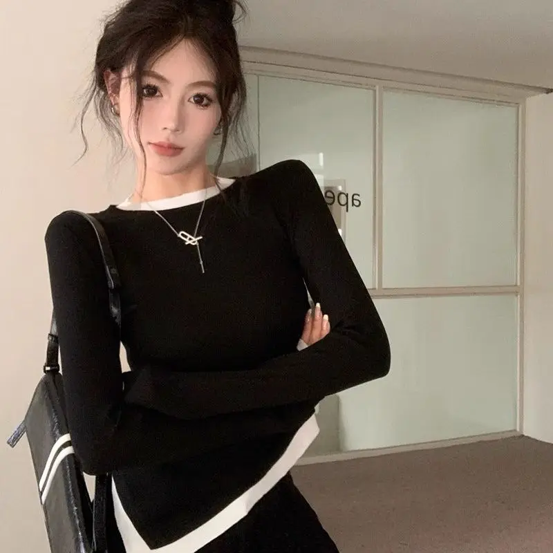 Casual Solid Color Long Sleeve Pullovers Women\'s Clothing Spring Autumn Slim Undercoat Irregular Tops Ladies Black T-Shirts