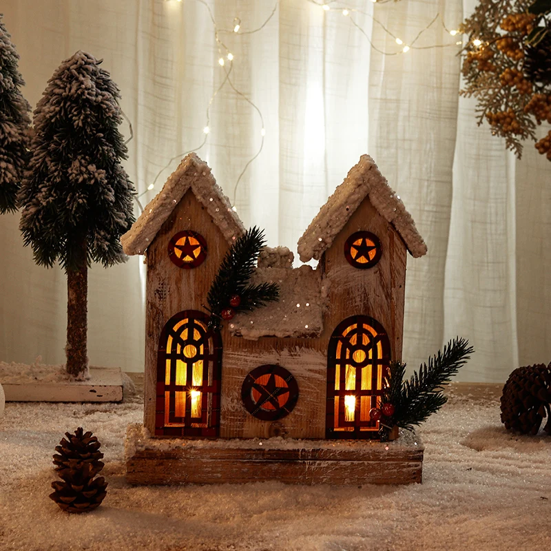 Funny Wooden Crafts Mini House Kit Ornaments with LED Light, New Year Decorations Centerpieces for Dining Room Tables