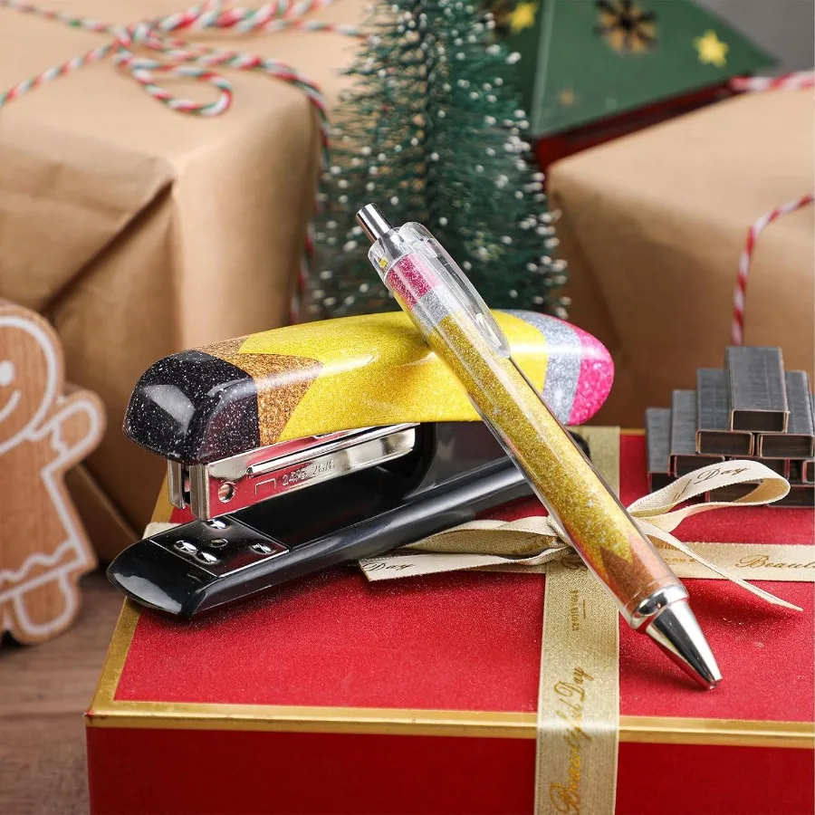 Set regalo per apprezzamento dell'insegnante Glitter Peil Cucitrice Penne a sfera Forniture per ufficio Accessori da scrivania Cucitrice per insegnanti con graffette