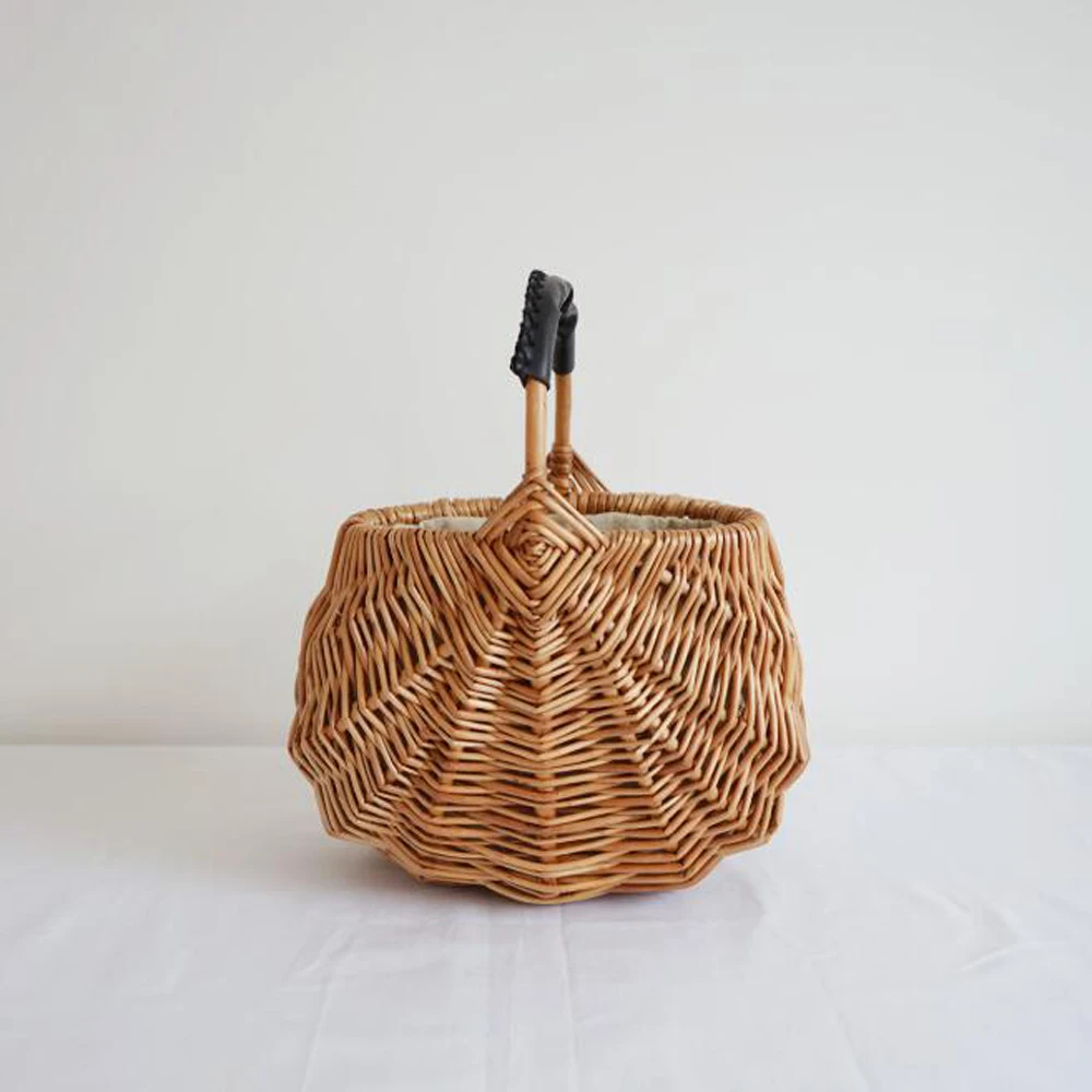 Hand Rattan Woven Handbag Natural Vegetable Basket Oval Grass Weaving Bag, Vintage Bucket Bag