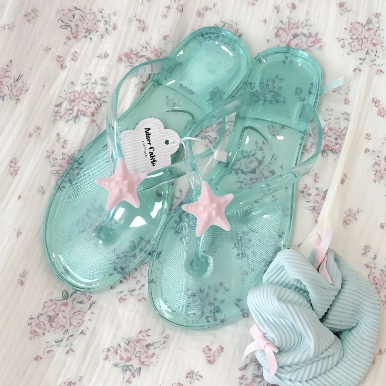New Ins Mint Green Starfish Summer Flip Flops Sweet Korean Transparent Slippers Outdoor Seaside Travel Daily Slippers image 2