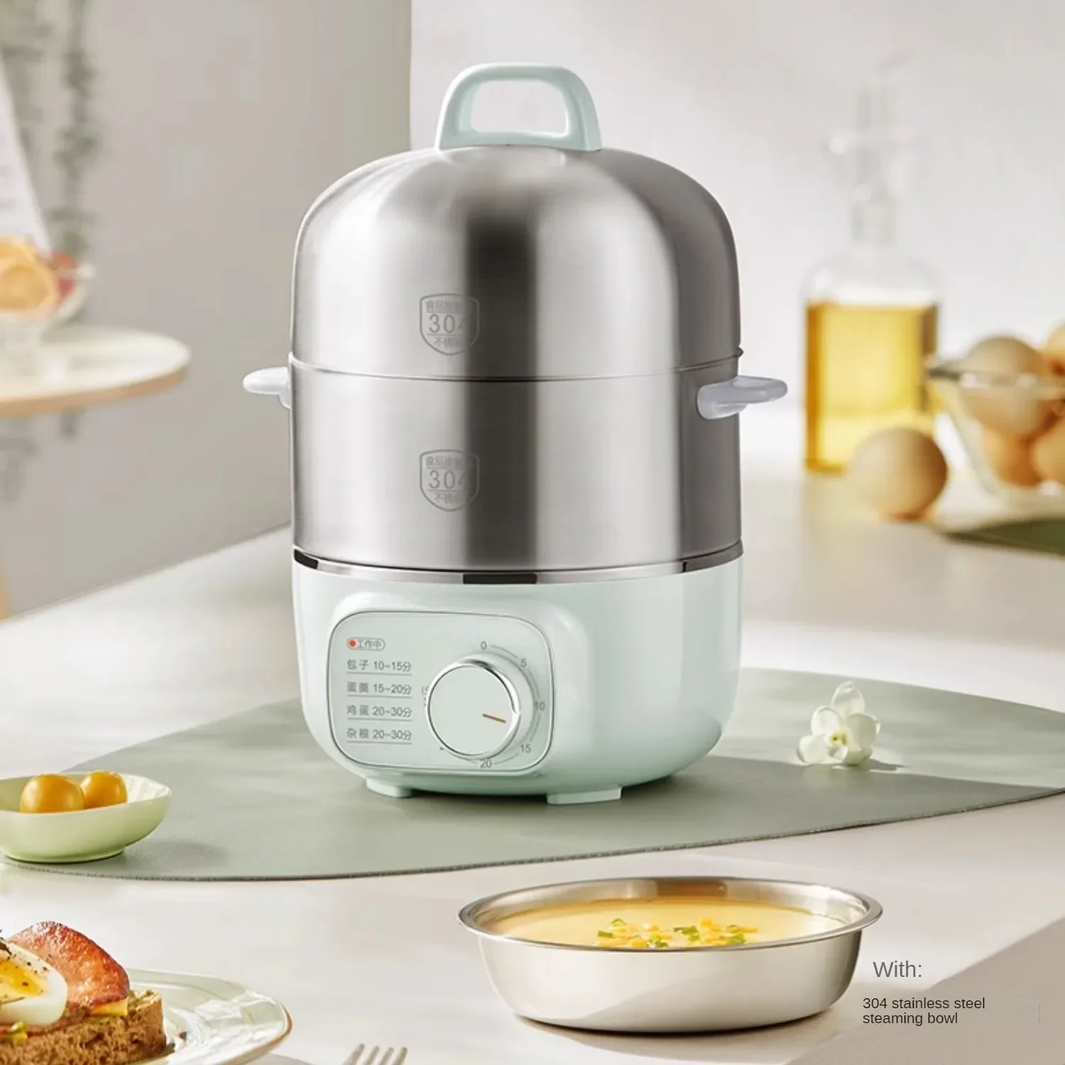 

220V Stainless Steel Electric Egg Cooker Automatic 2 Layers Breakfast Steaming Cooker Home Egg Boiler