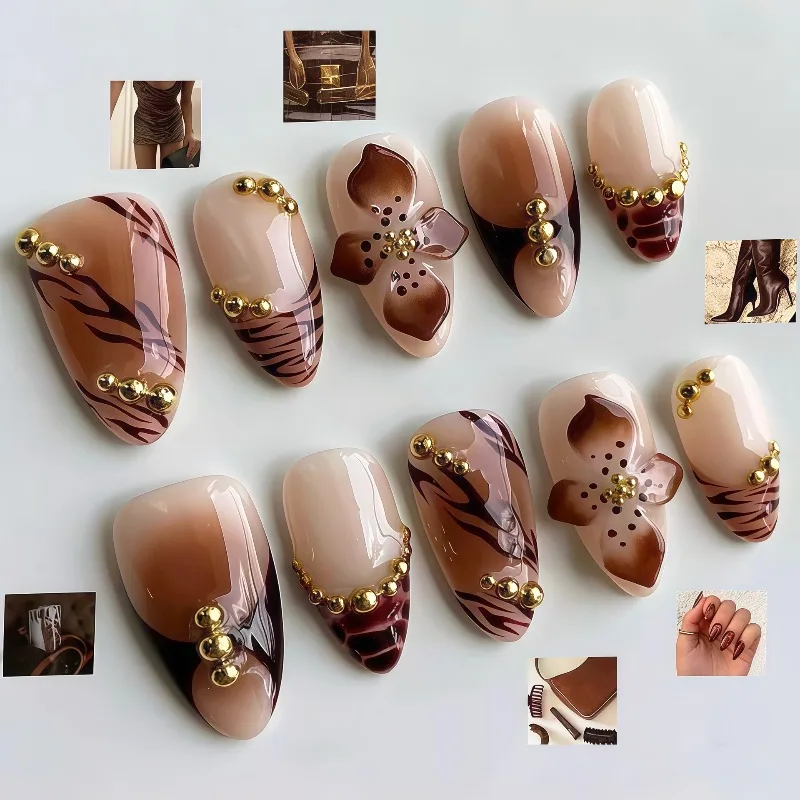 30Pcs Press-On Nails with Embossed Brown and Gold Bead French Early Autumn Leopard Print Design—Perfect for Women and Everyday