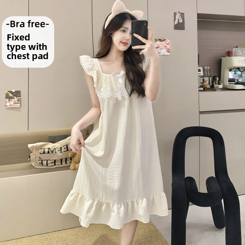 Cloud Cotton Pajamas For Women, Summer Sweet Princess Style With Chest Pads, Small Flutter Sleeve Strap Nightdress,Thin Homewear