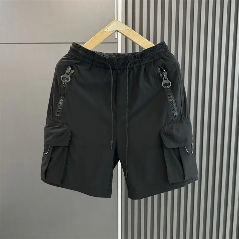 Men Trendy Vintage Casual Streetwear Zipper Pockets Thin Short Pants 2024 Summer Loose Quick Drying Straight Beach Cargo Shorts