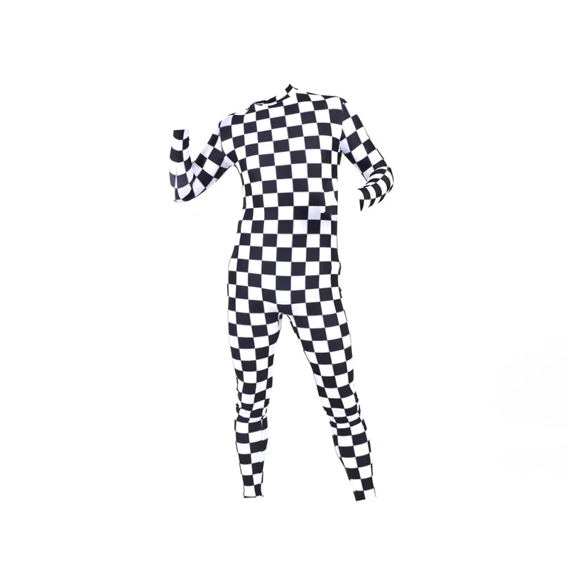 Preto e branco Grade Cosplay Traje para Adulto, Macacão de Halloween, Bodysuit Zentai, Fato, Feminino, Masculino