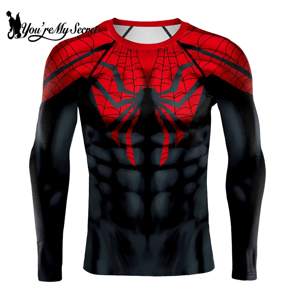 [You\'re My Secret] Movie Men\'s Spider Print Superhero Cosplay Costume Compression Quick Dry T-shirt Skinny Long Sleeve Tops