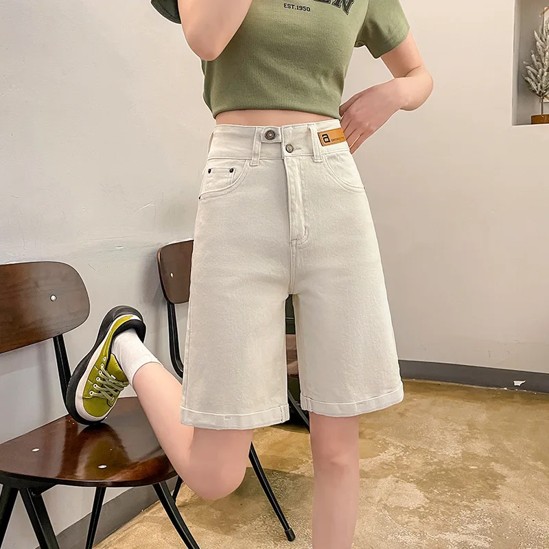 Women's Youthful Bermuda Denim Shorts, Y2K/2000s High-rise Jorts, Knee-length Straight Jeans Shorts, Beige/Black/Khaki Shorts