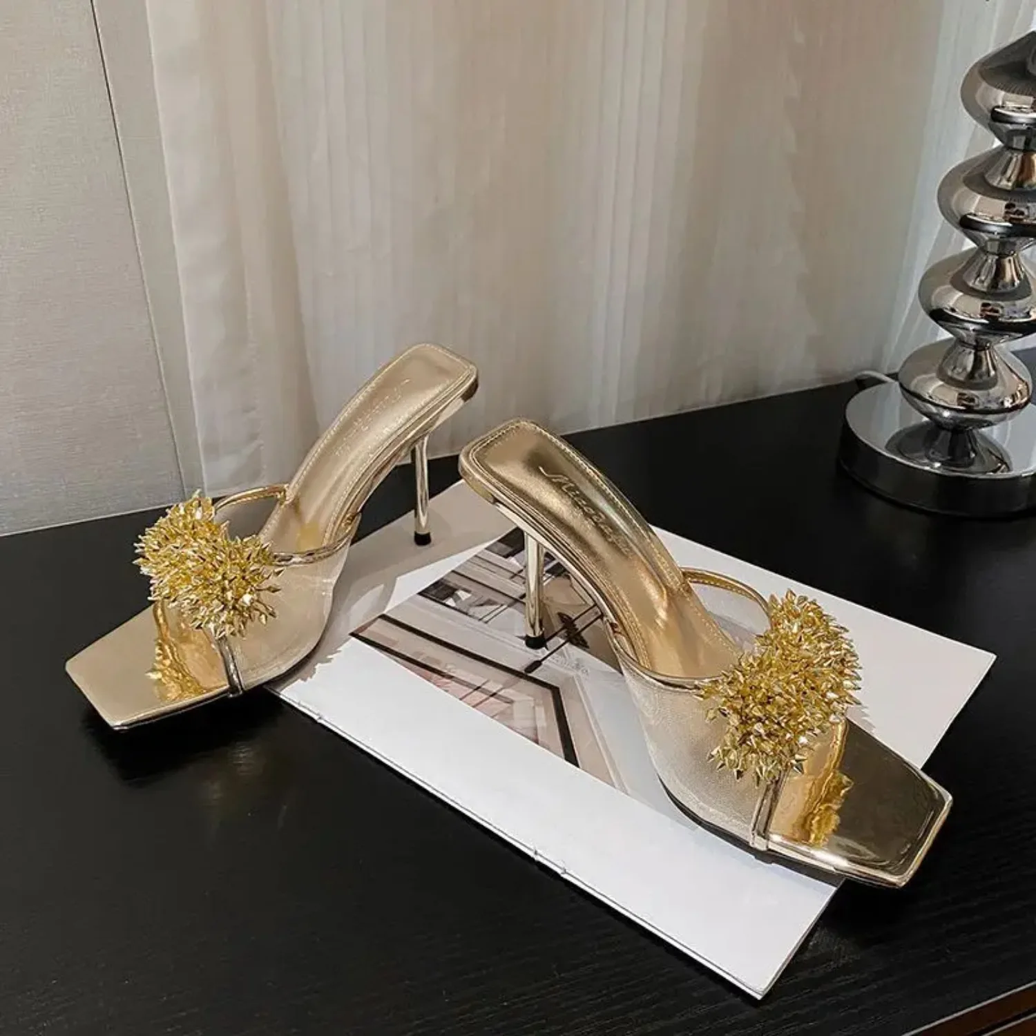 

2026 Summer Metallic Gold Spike Ornament Square Toe Stiletto Mule Sandals Wedding Daily Dating Night Club Party Occasion