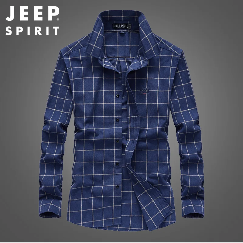 JEEP SPIRIT men fashion plaid shirt spring and autumn new casual lapel color matching long-sleeved comfortable breathable top