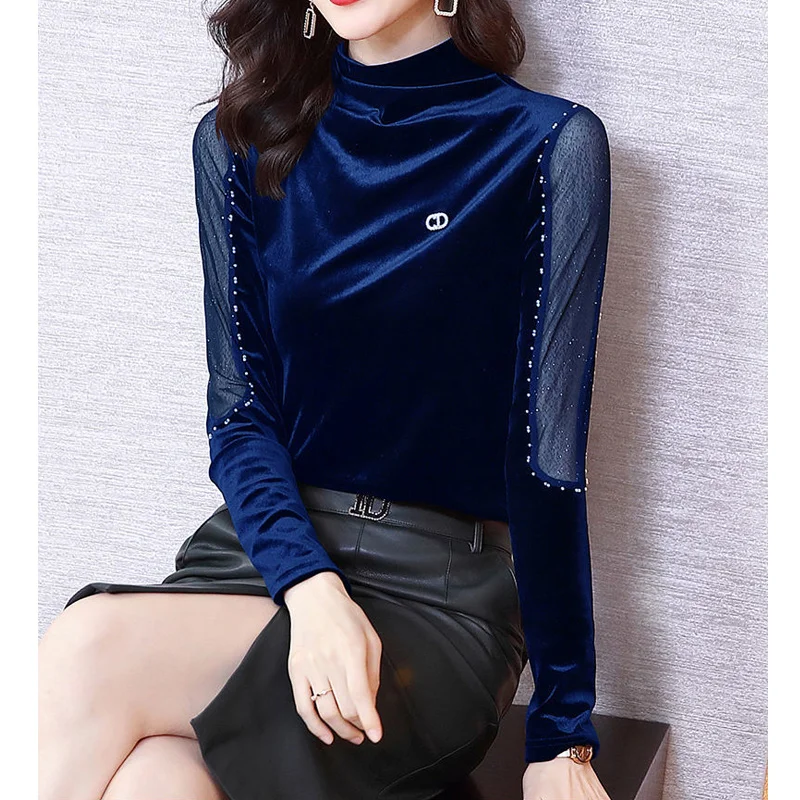 Autumn New Half High Collar Golden Velvet Bottoming Shirt Long Sleeve Solid Loose Pullovers Top Vintage Elegant Women Clothing