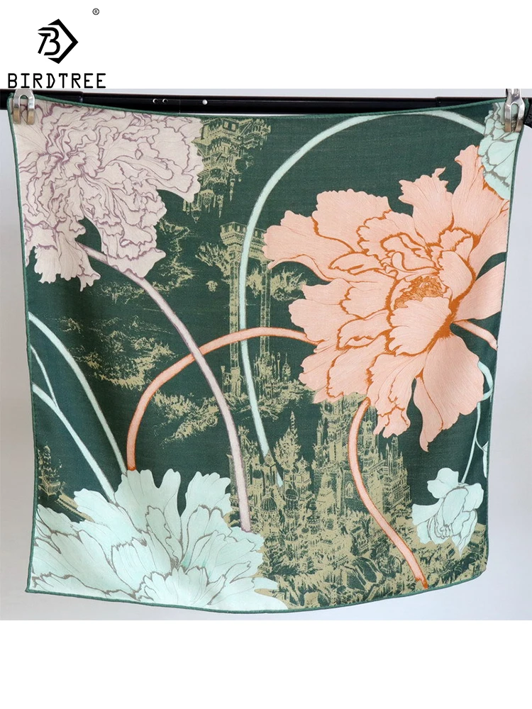 

BirdTree Real Silk Wool Square Scarf,Double-sided Printing,Hand Crimping Retro Comfortable Mom's Gift Scarf,2024 Spring A41513QD