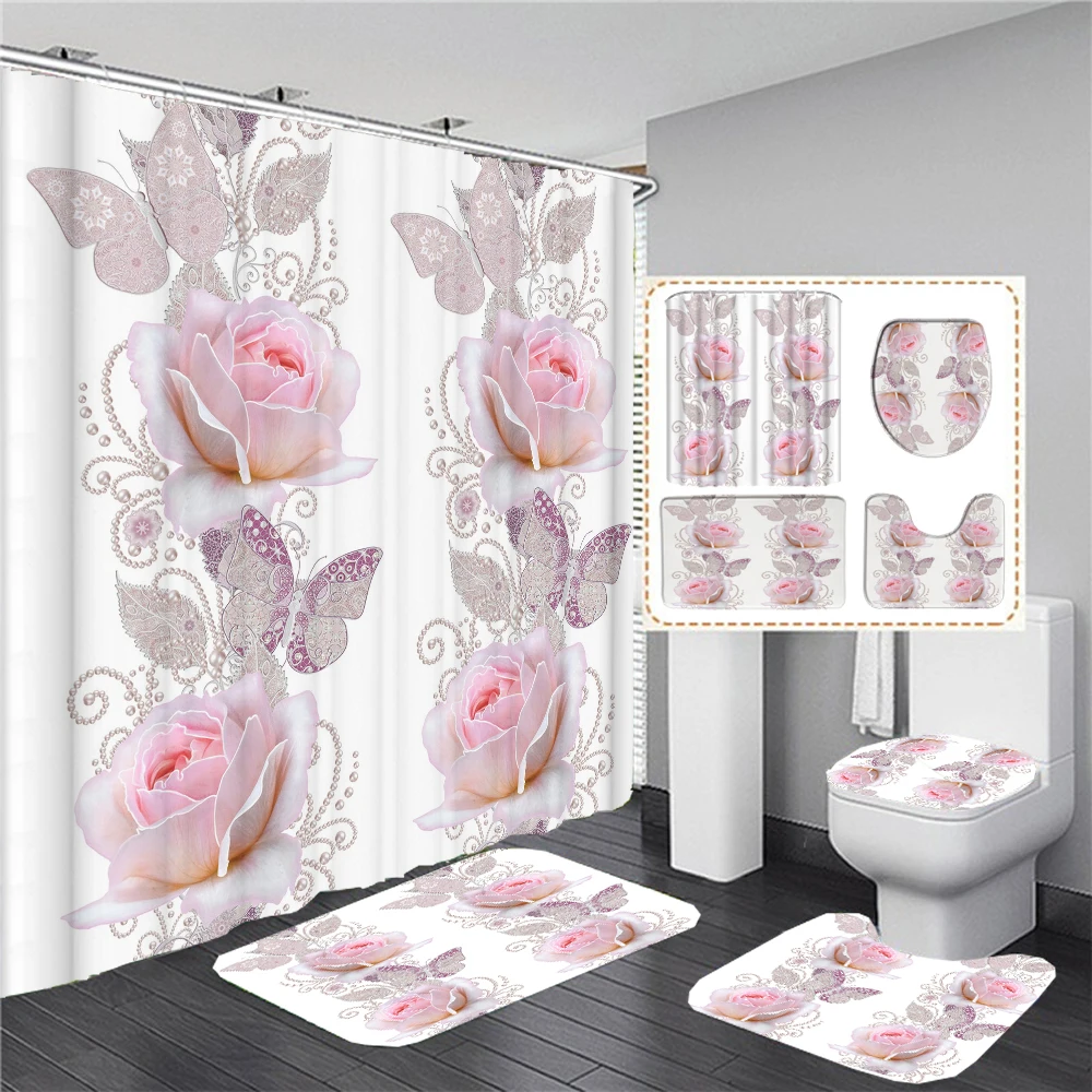 3D White Rose Shower Curtain Set Elegant Modern Chic Roses Floral Bath Curtain for Bathroom Mats Rugs Carpet Home Decor 180x180