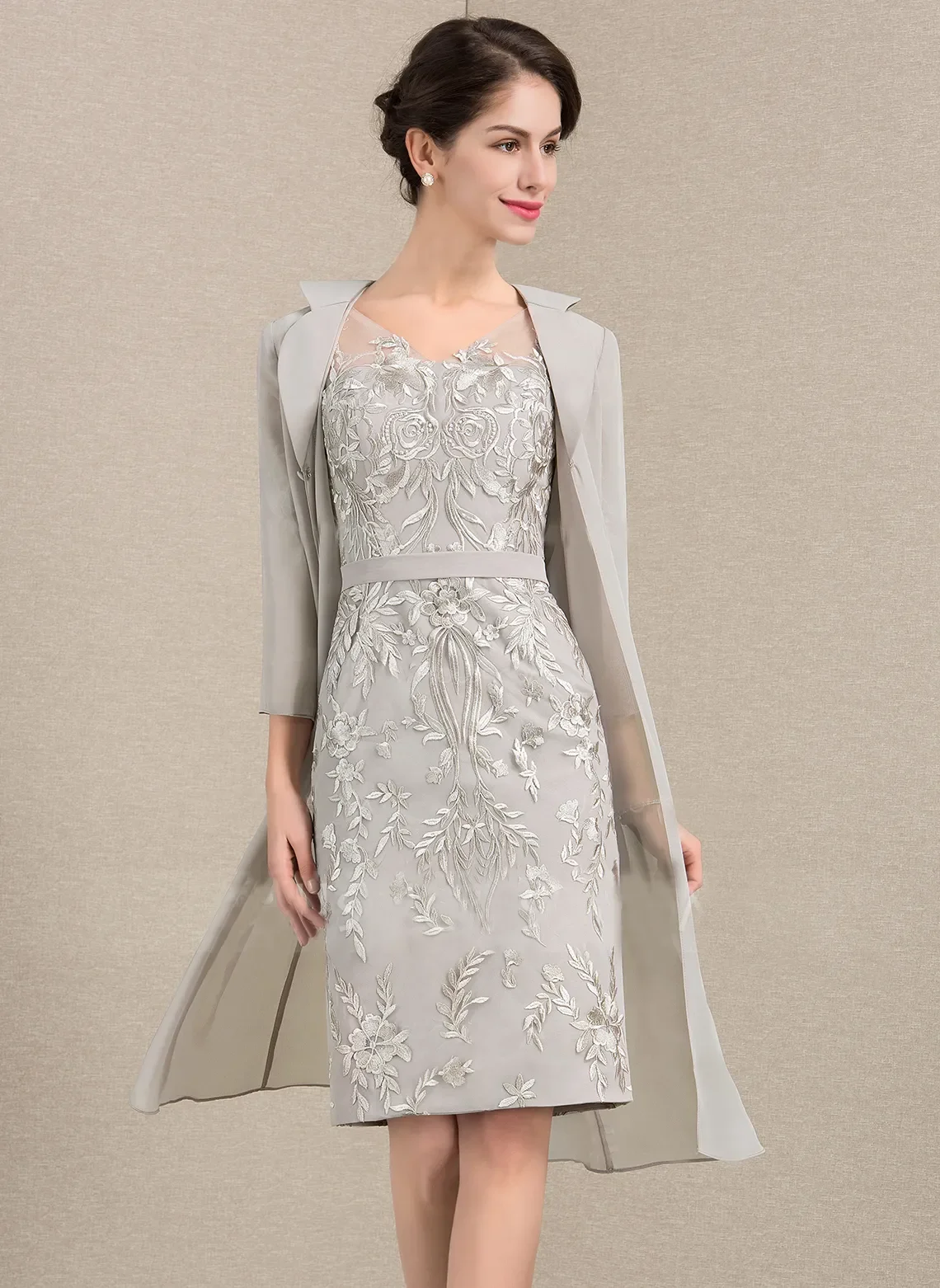 

Elegant Mother of the Bride Dress With Coat V-neck Long Sleeve Applique Lace Occasion Formal Party Wedding Summer 2023