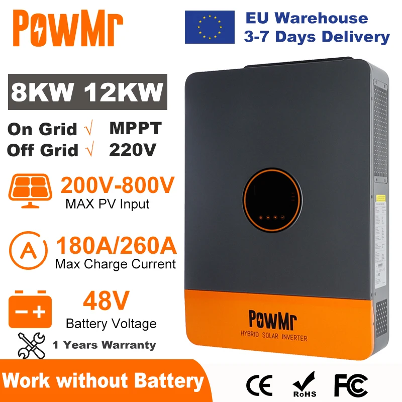 

PowMr 8KW 12KW Hybrid Solar Inverter 48V 220V 3 Phase Inverter On Off Grid Dual MPPT Output with MPPT 180A 260A Solar Charger