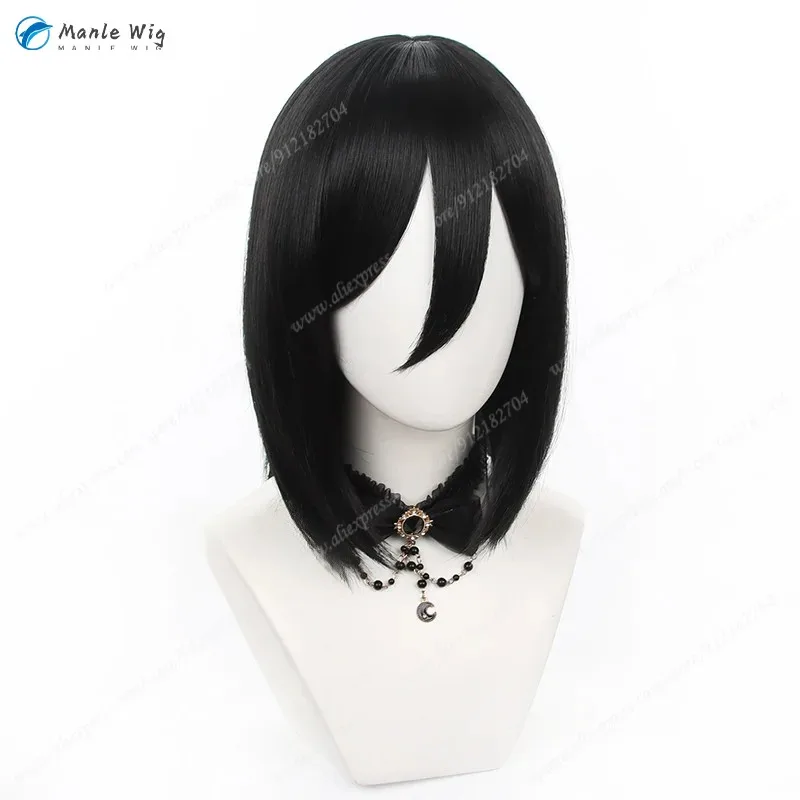 짧은 검은 가발 Mikasa Ackerman 애니메이션 코스프레 내열성 합성 머리 + 무료 가발 모자