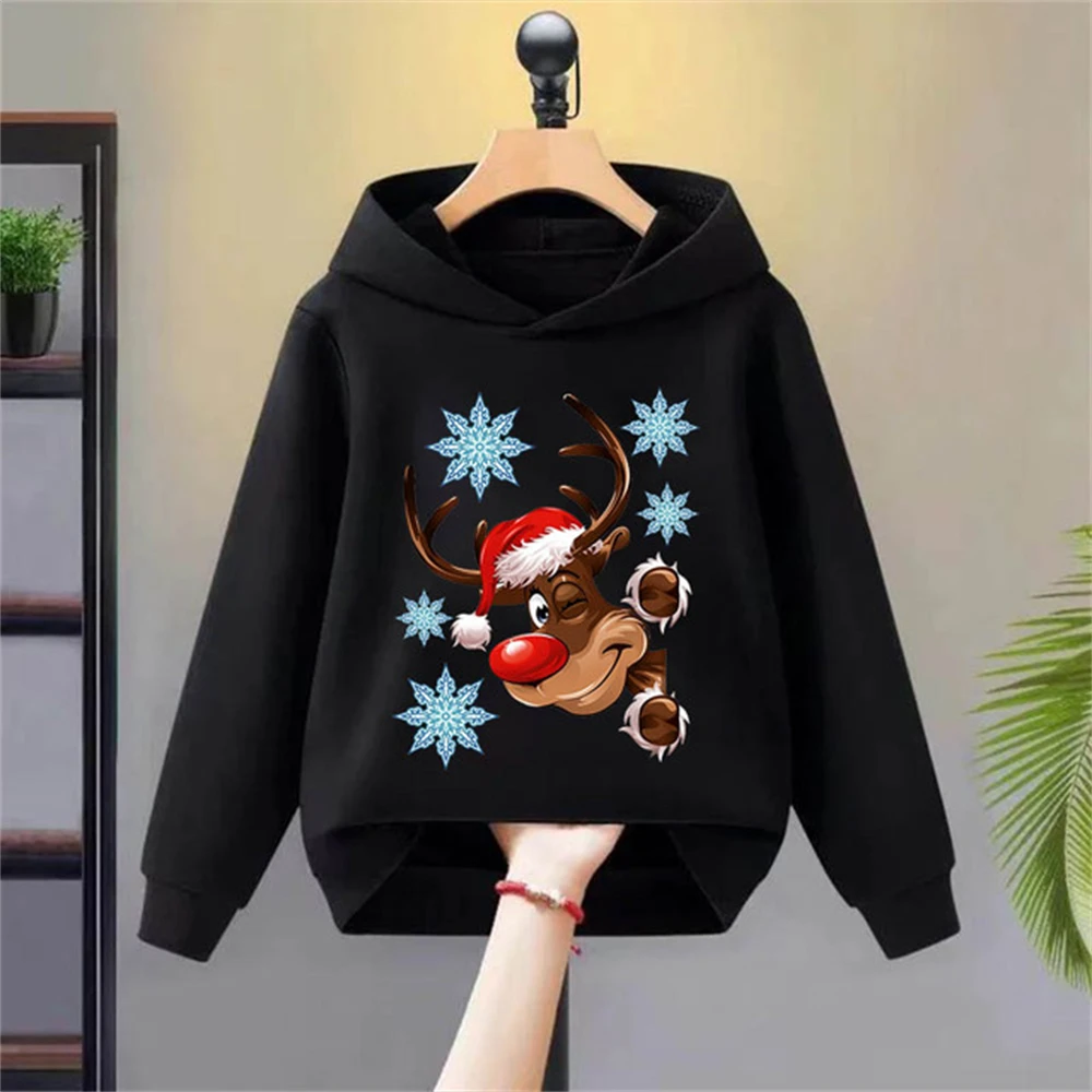 Santa Claus Children Hoodies Leisure Girls Boys 3-12 Years Pullover black Pink Coat Kids  Sweatshirts Children's Christmas Gift