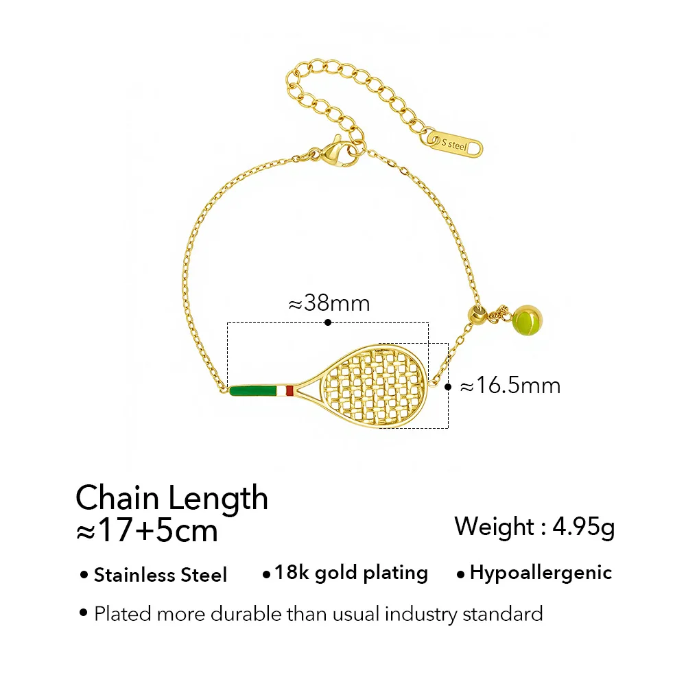 Original European and American design 18K gold-plated tennis racket with resin-filled handle, bracelet, and necklace, for women - Detail 1