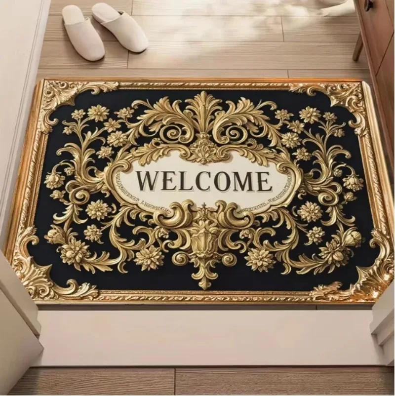 Elegant 3D Gold Frame Welcome Door Mats Water Absorbing Bathroom Mat Floral Design Blue and Gold Home Entrance or Bathroom