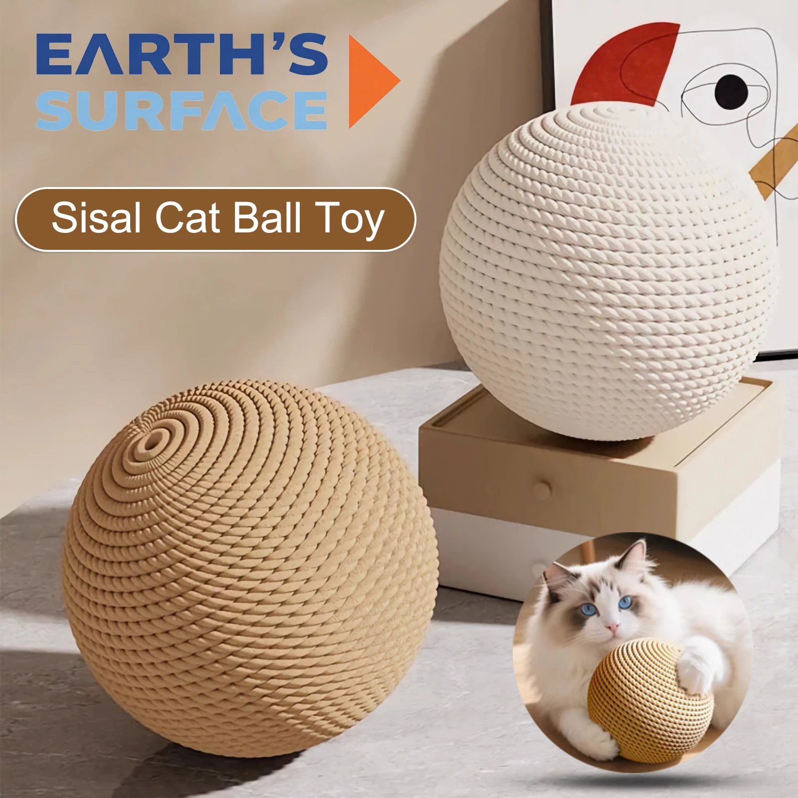 Sisal Fiber Cat Ball Self Playing Scratcher for Kitten Teeth Cleaning Aid Indoor Activity Entertaining Enrichment Toy