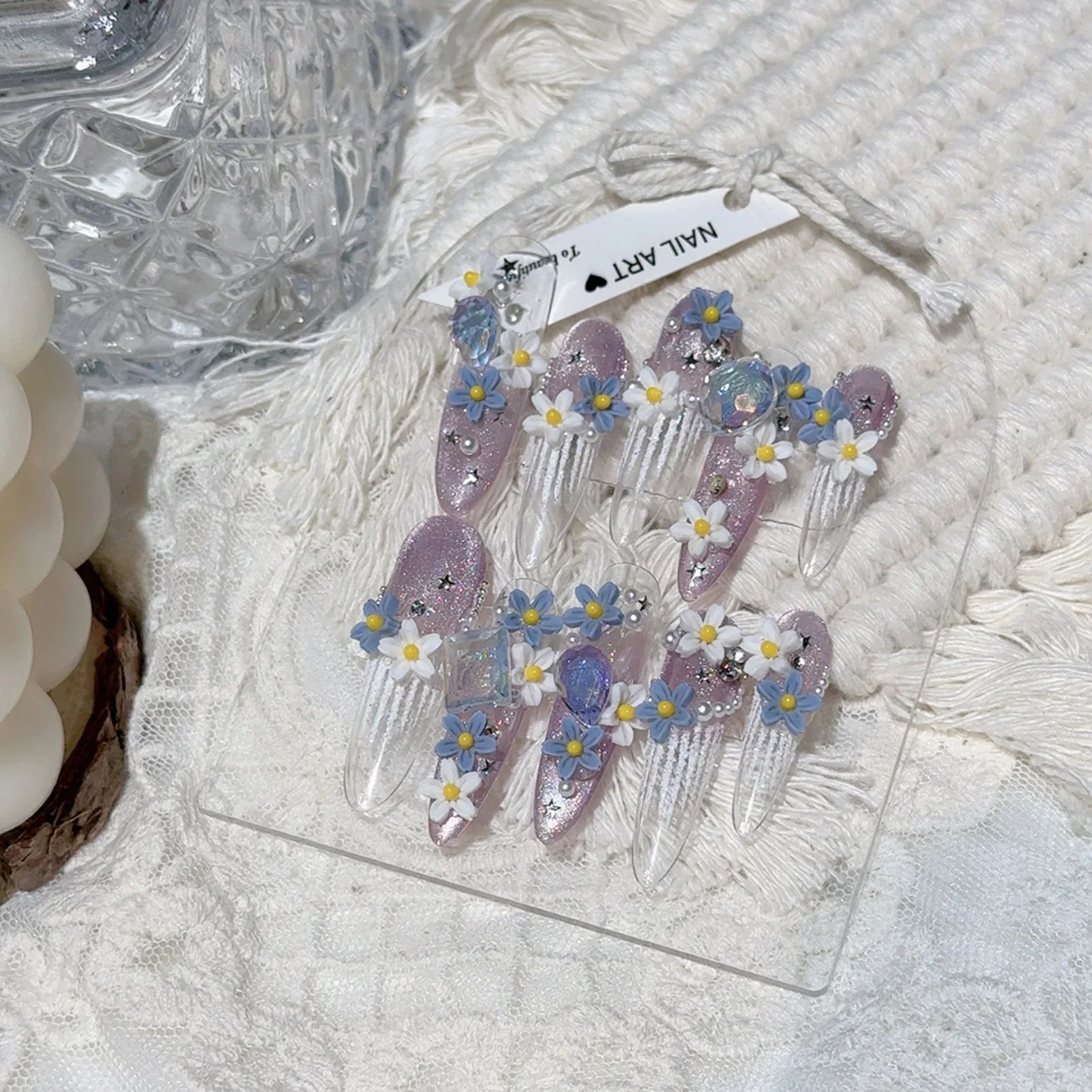 10 pièces presse à la main sur les ongles romantique malve Style français glace Transparent longue amande faux ongles printemps fleur décor faux ongles