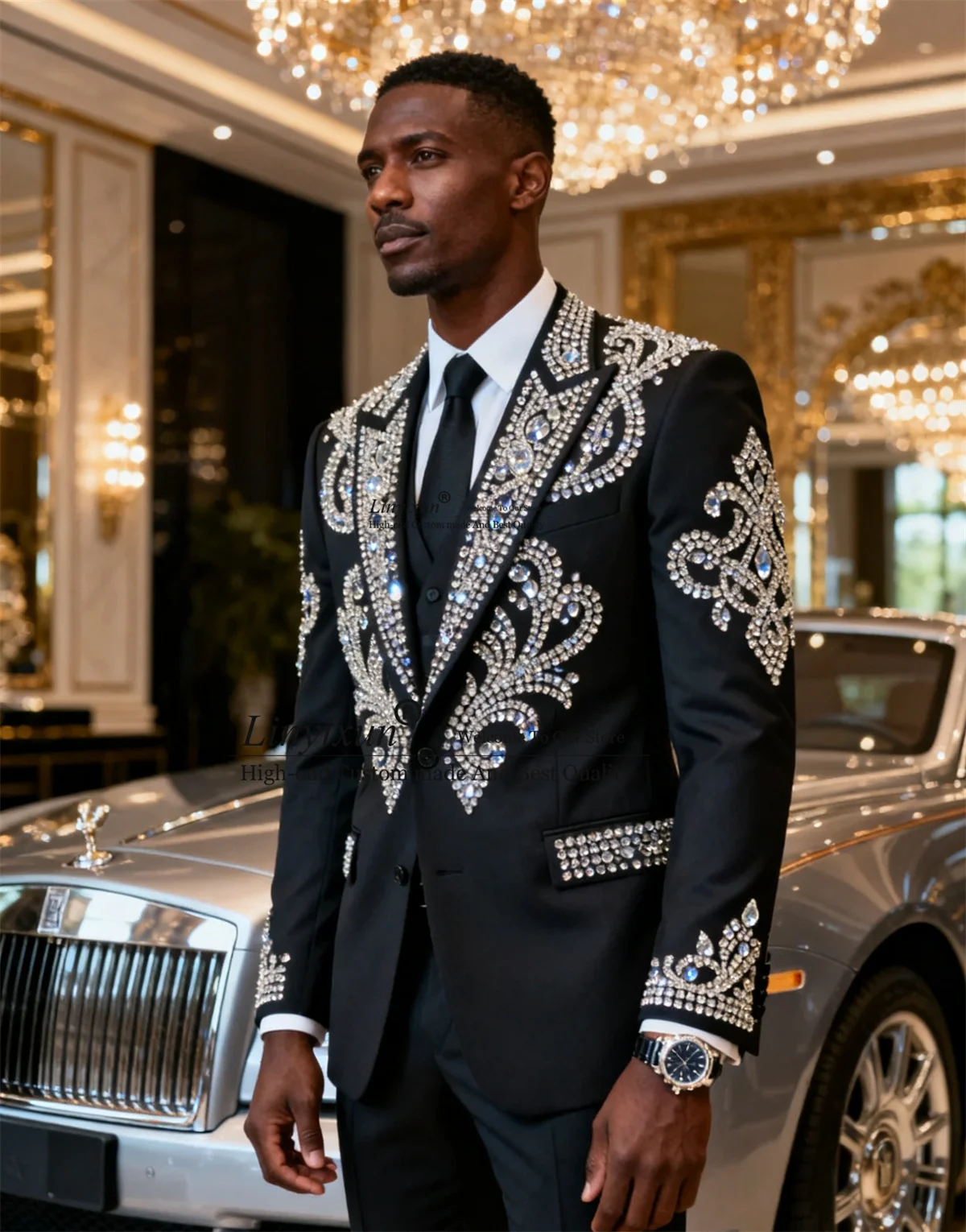 

Glitter Jewelry Ornament Men Suit Customized Wedding Groom Tuxedos 3 Piece Set Slim Fit Male Prom Blazers Business Costume Homme