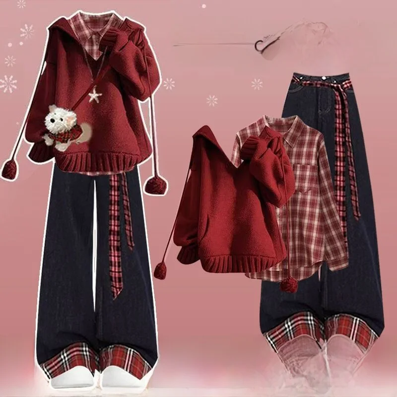 

Red Christmas Halloween Korean Style Sweater Set Women's Fashion Casual Loose Fit mid Weight Long Sleeve Three Piece Set