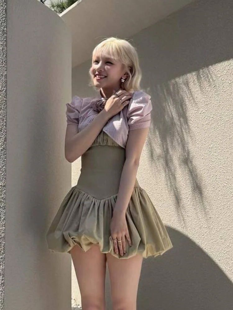 Coreano faculdade estilo doce 2 peça conjunto feminino y2k mangas inchadas blusa listrada + vestido sem alças feminino fino ajuste chique outfits novo