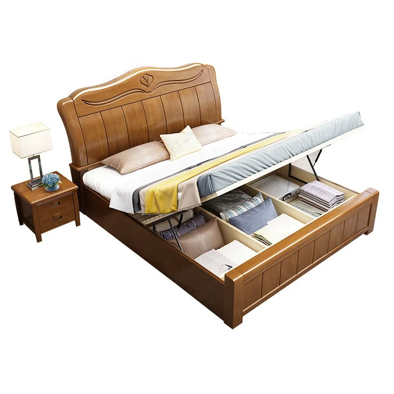 2021 Zeitgenössisches Modernes Schlafzimmer-Set Antikes Massivholz Klassisches Doppelbett Kingsize Günstiges Bettmöbel für Erwachsene