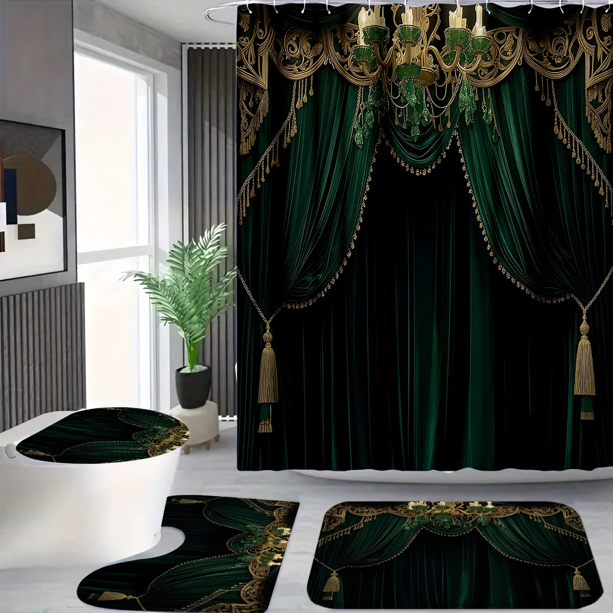 

4Pcs Luxury Green Curtain Shower Curtain Set with Hooks, Ornate Gold Chandelier Print Waterproof Mildew Resistant Fabric Bath Mat for Family Bathroom Home Decor