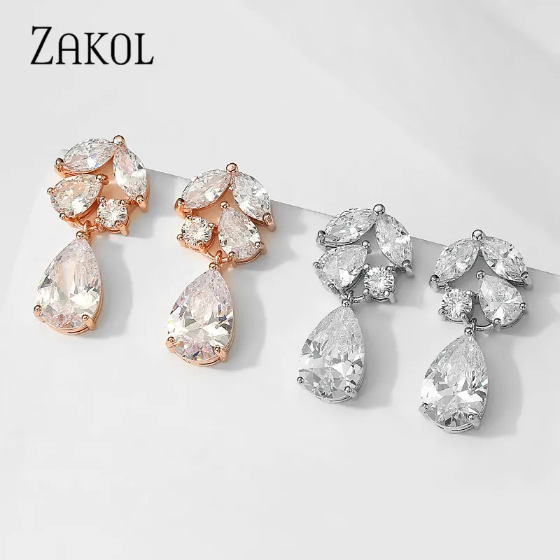 ZAKOL Fashion Water Drop Cubic Zircon Wedding Dangle Earrings Marquise Cut Crystal White Bride Ear Jewelry Gift