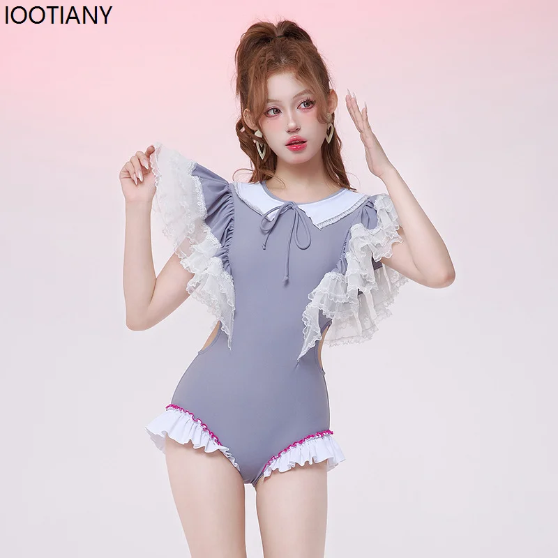 New Ruffled High-end Fairy-style One-piece Swimsuit Female Holiday Hollow Swimwear Beach Swimsuits Casual Cute Campus Outfit