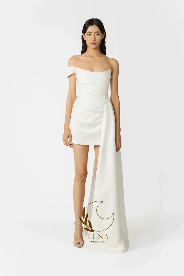 Luna Customized One Shoulder Short Wedding Dresses with Train Simple Sexy Mini Bridal Wedding Party Gown Prom Dress for Bride