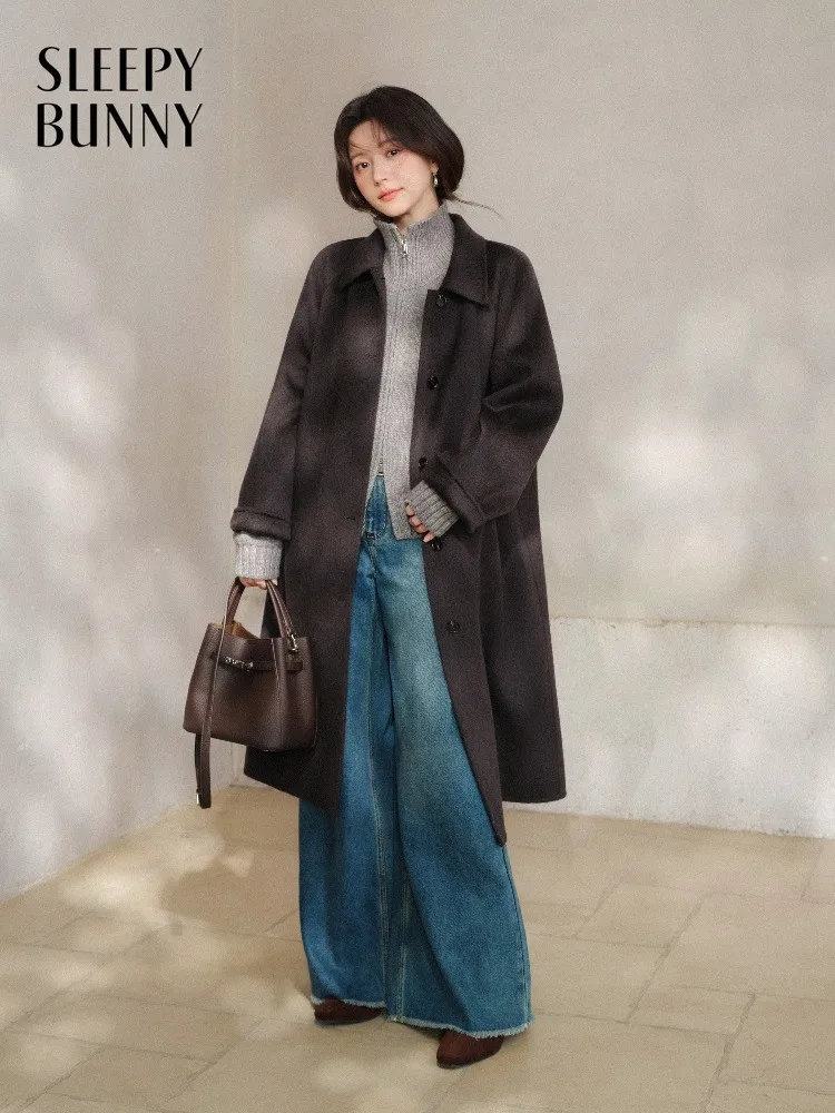 Vintage Wool Coat Women Lady H-Line Long Outerwear Small Lapel Double-Sided Style Petite Friendly Elegant Daily Commuter Jacket