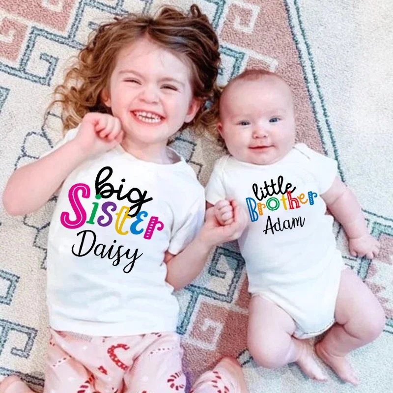 Personalized Big Sister Little Brother Matching Clothes Custom Name Kids T-shirt Bodysuit Birthday Party Family Look Outfit Tops