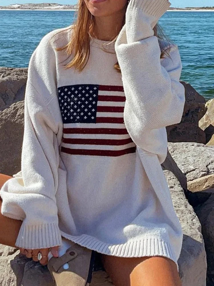 Harajuku Knitted Pullover for Women, Flag Pattern Sweater, Loose Warm Sweater, Long Sleeve, Round, Casual, Street, New, Y2k, 202