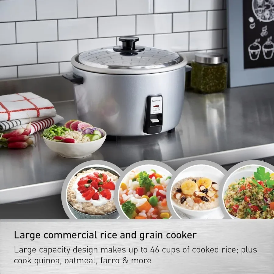 46カップの炊飯容量と23カップの生米容量を備えた業務用炊飯器。ワンタッチ操作と8時間保温機能付き。