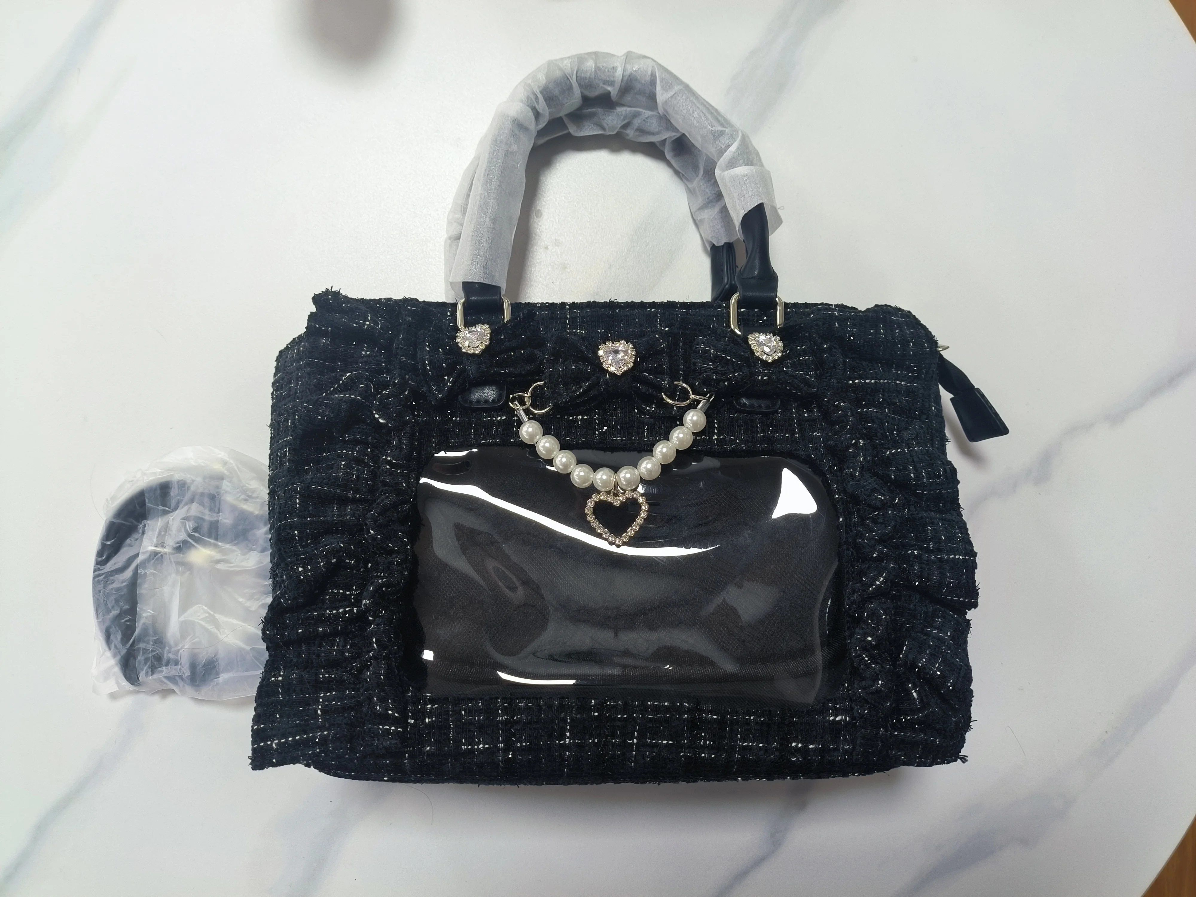Y2k Ita-Tasche für Mädchen mit großem Fassungsvermögen, Rüschen-Schleifen-Dekor, Preppy-Style-Handtasche, JK-Uniform-Tasche, japanische transparente Tasche mit Taschen – Detail 5