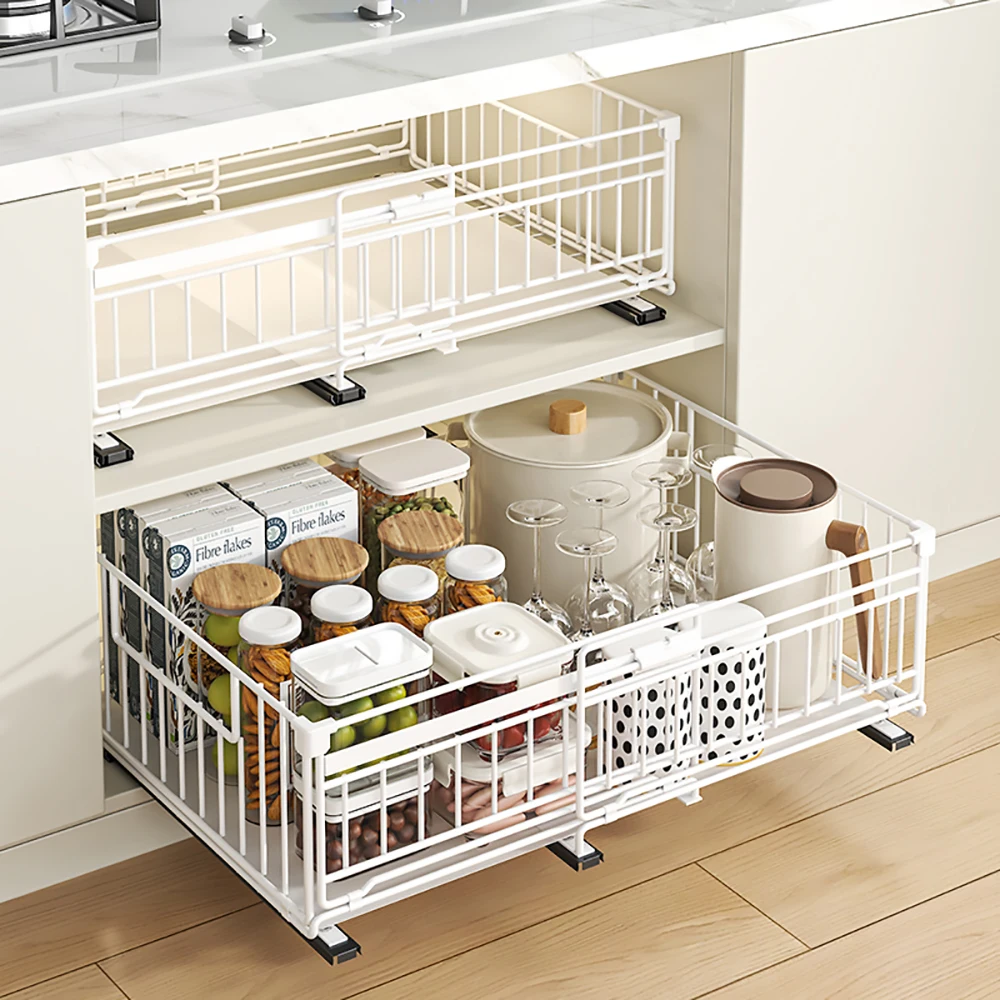 Étagère de cuisine extractible extensible en acier au carbone, organisateur d'armoire pliante, étagères de rangement à tiroirs, panier d'armoire coulissant