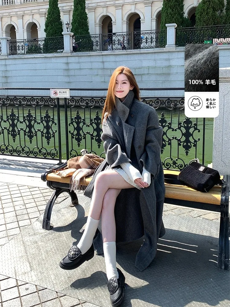 

ey Woolen Coat Double-Faced Woolen Coat 00% Pure Wool Long Sve Mid-Length Commute Sle Stand Collar Button Asymmetric