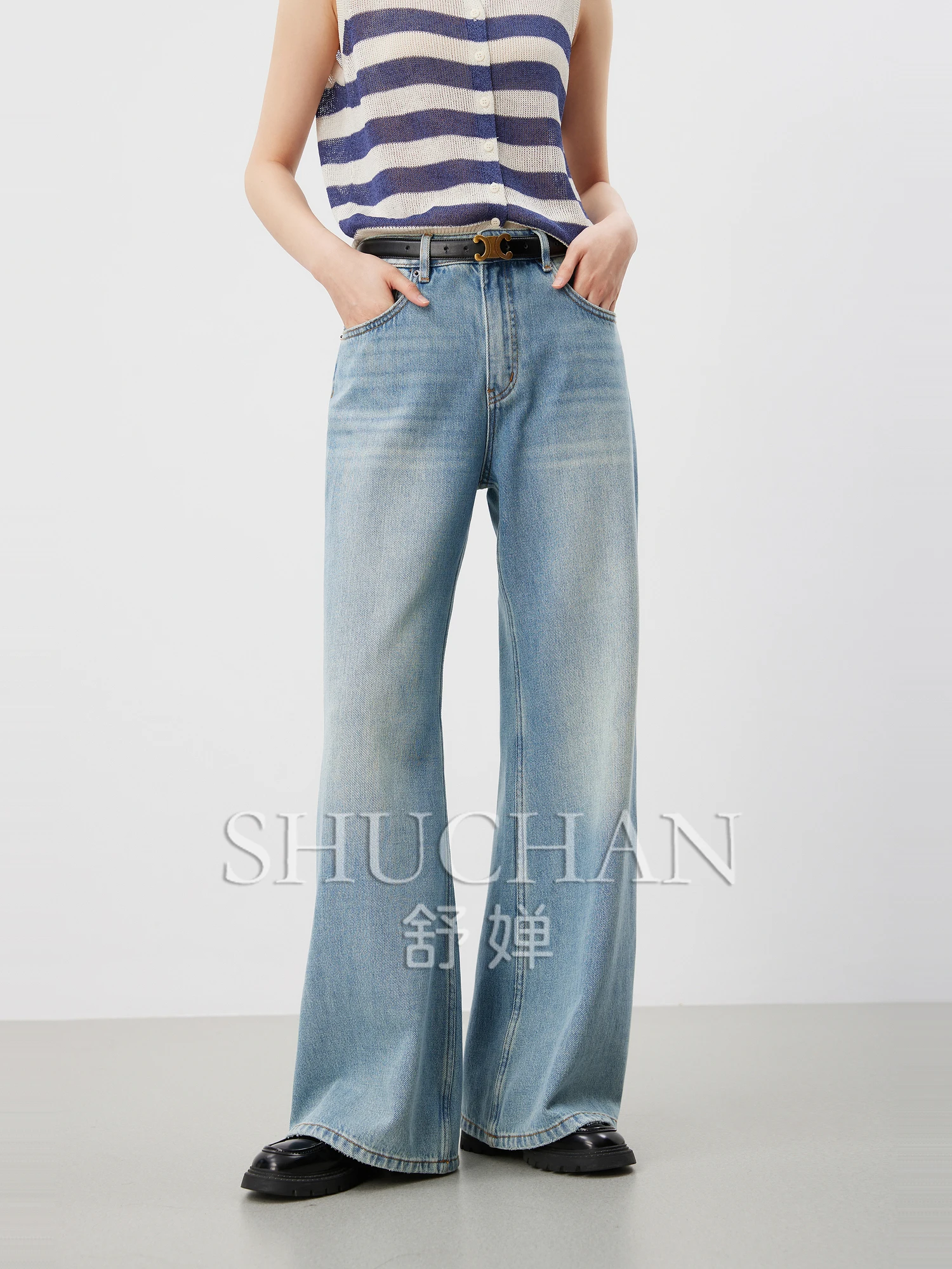 

1OO% Cotton Twill Retro Washed, Luxury Haute Couture One-piece Cut Wide-leg Jeans Boyfriend Jeans for Women