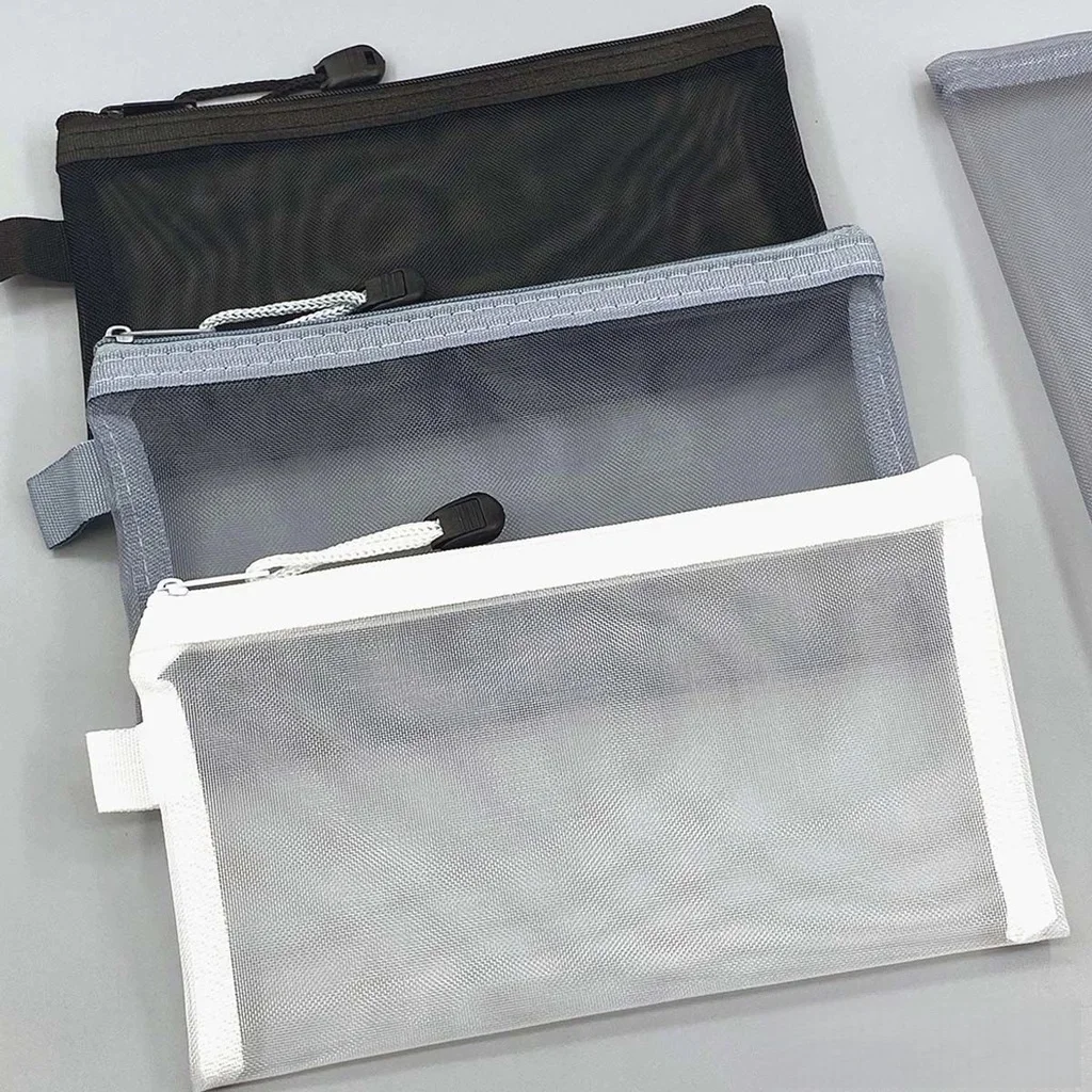 Transparent Mesh Exam Pencil Case Large Capacity Nylon Zipper Portable Stationery Organizer School Office Cosmetic Storage Bag