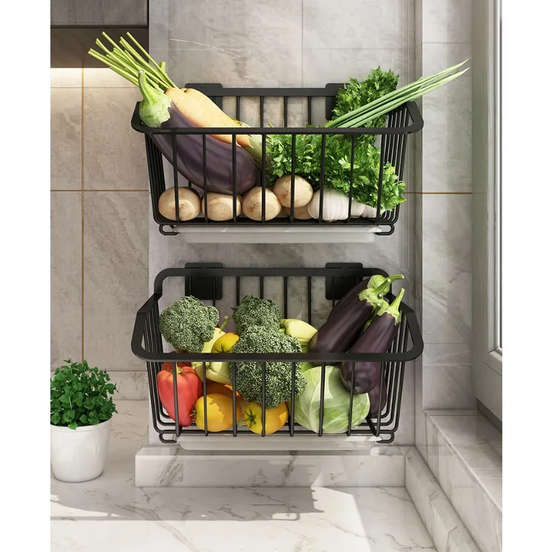 Wall-hung Vegetable Storage Rack Punching-free iron Storage Baskets for Fruit Vegetable Drain Storage Basket Kitchen Oganizer