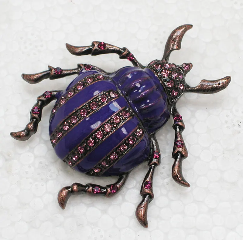 Antique copper Purple Rhinestone Enamel Beetle Pin brooches C643 D3