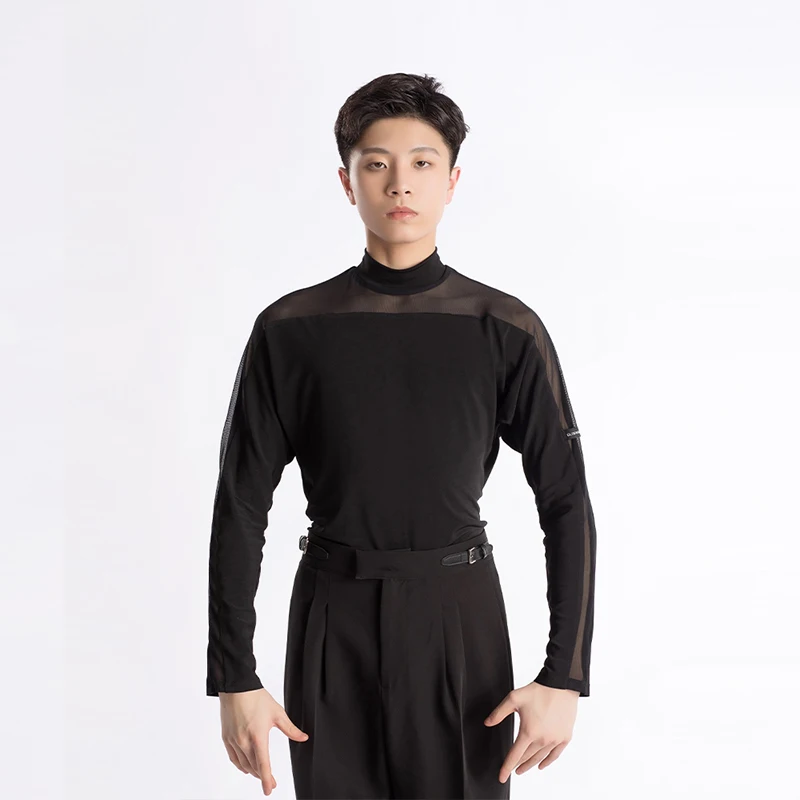 Autumn Winter New Men's Latin Dance Costume Waltz Tango Training Set Mesh Splicing Long Sleeve Tops High Waisted Trousers XH798