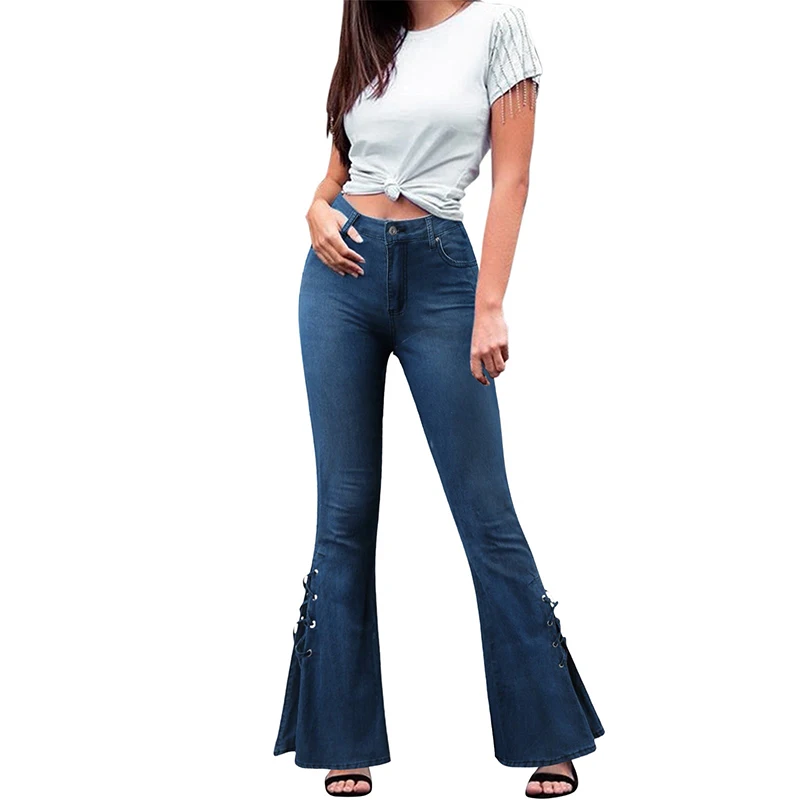 Lamuusaa y2k Jeans Women Casual Solid Color Tie Up High Waist Denim Flared Pants Bell Bottoms Trousers 2000s Clothing Streetwear